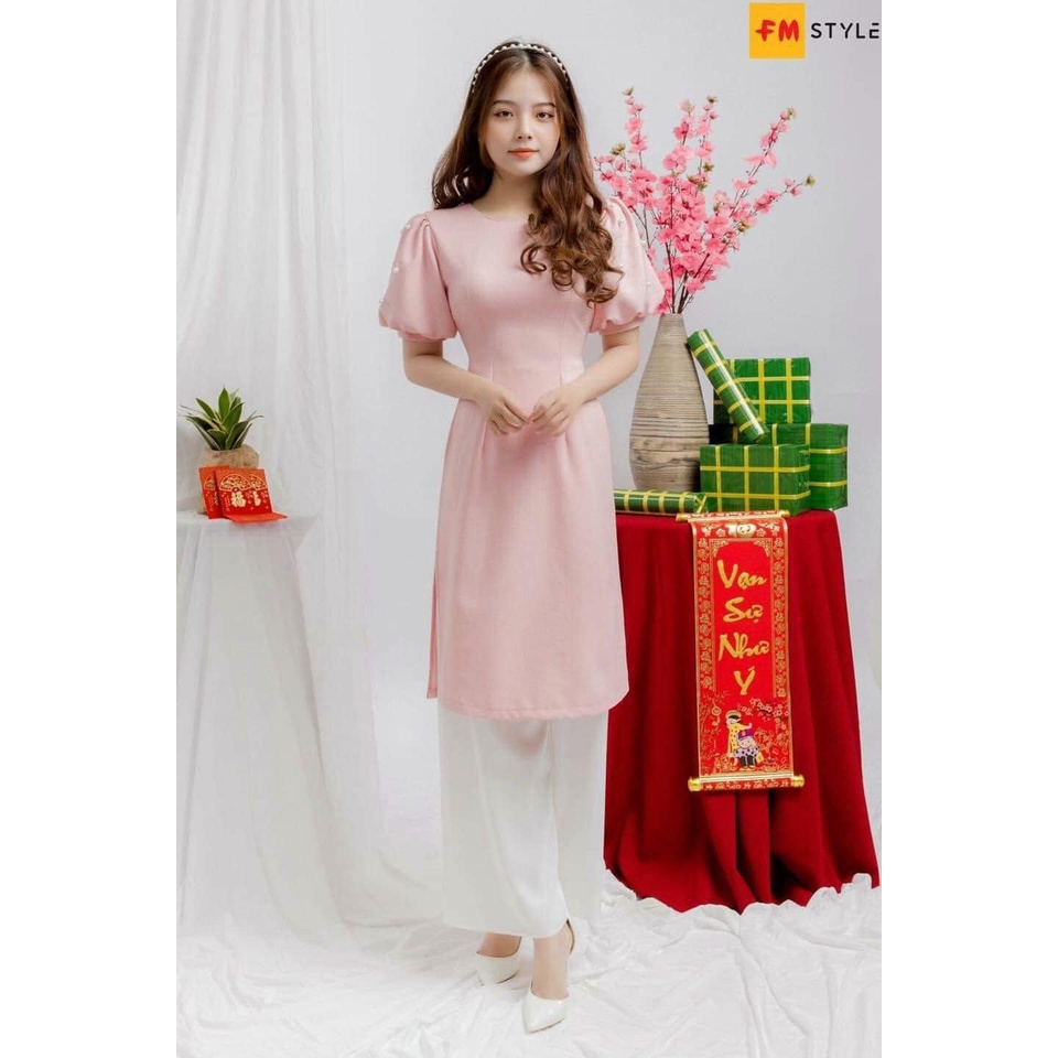 Áo dài may sẵn tây thi cổ tròn tay bồng ngắn