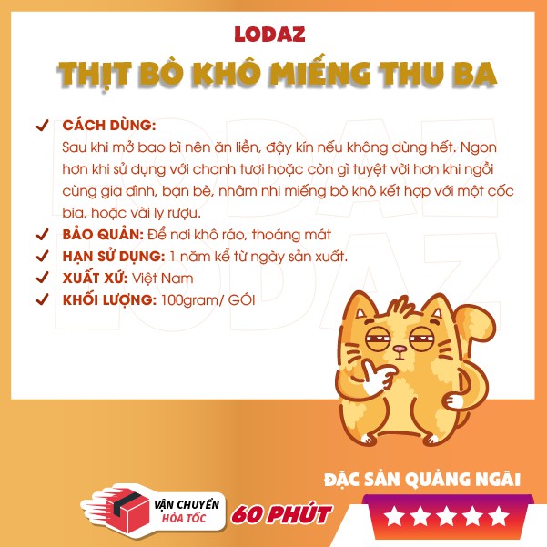 Bò khô miếng Thu Ba, đặc sản Quảng Ngãi, đồ ăn vặt Hà Nội gói 100g