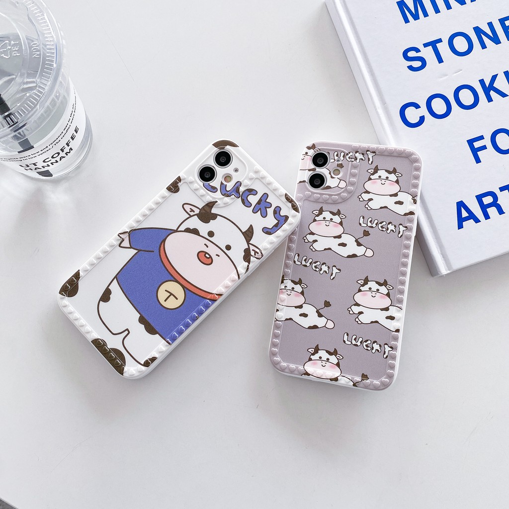 Ốp lưng iphone LUCKY COW viền trái tim nổi cạnh vuông 7/8/7plus/8plus/x/xs/xr/xsmax/11/12/12mini/pro/promax