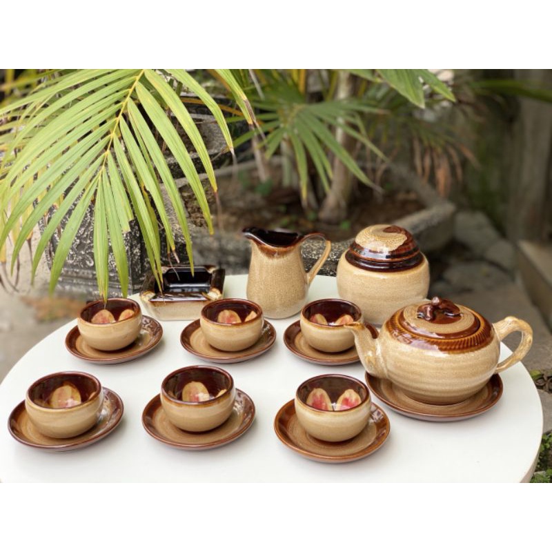 Bộ ấm chén Bát Tràng men kem hỏa biến