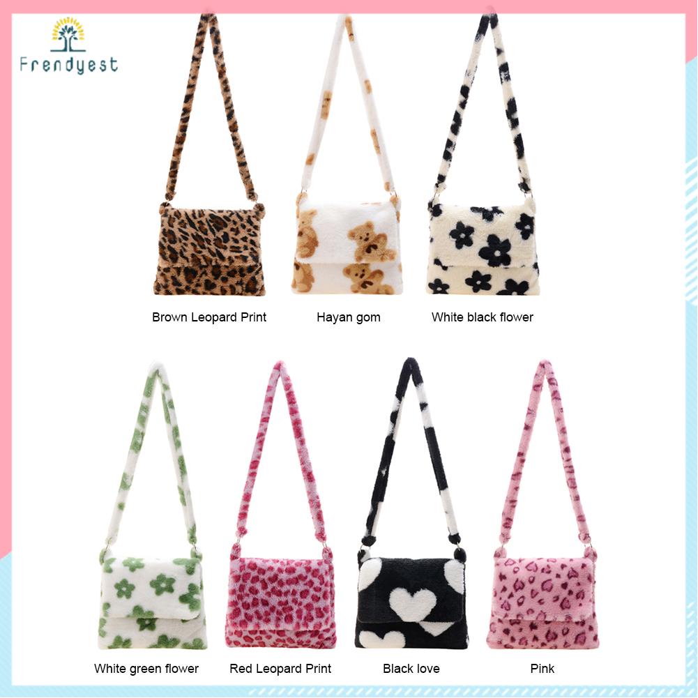 Túi đeo vai thời trang nữ hoa văn da báo/bông hoa/trái tim/con gấu chất liệu lông nhung