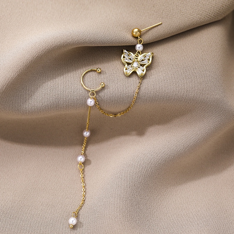 Bông Tai Dáng Dài Hình Bướm Đính Ngọc Trai Phối Dây Xích Tua Rua Kiểu Hàn Quốc Thời Trang Cho Nữ