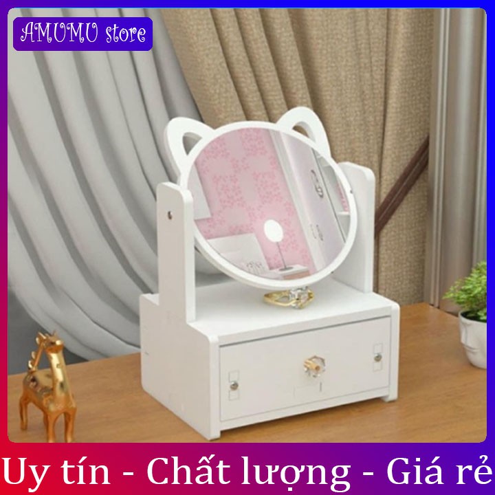 (siêu hót)Kệ mỹ phẩm mini gỗ nhựa kèm gương tai mèo méo meo dễ thương cute phô mai que