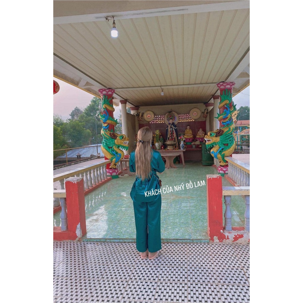 Đồ Lam Nữ Đi Chùa Thêu Hoa Kèm Dây Cột Eo
