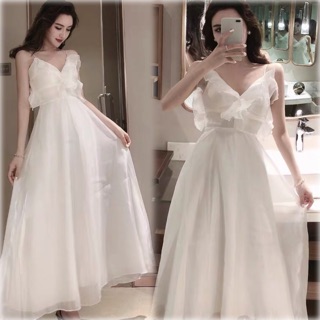 [hình thật] Đầm trắng hai dây cổ bèo công chúa. Váy maxi trắng hai dây đi biển