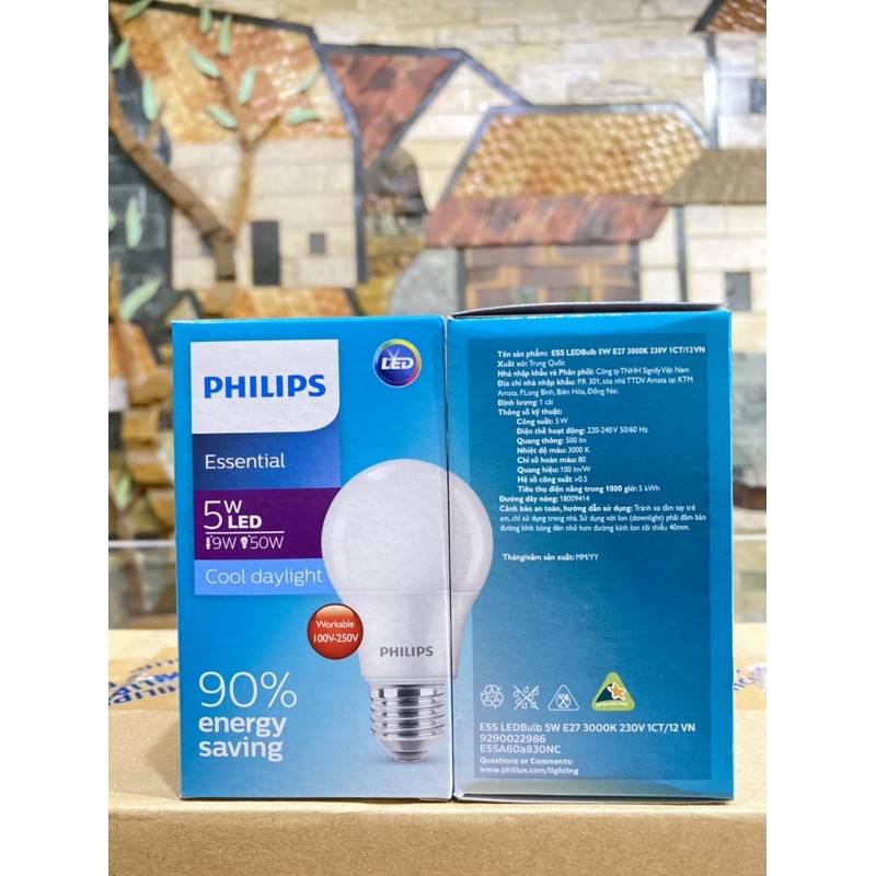 [ HÀNG CHÍNH HÃNG ][ GIÁ TỐT ][ HÌNH THẬT ] Bóng đèn LED Bulb Tròn Philips Essential 5W Ánh Sáng Trắng Vàng E27