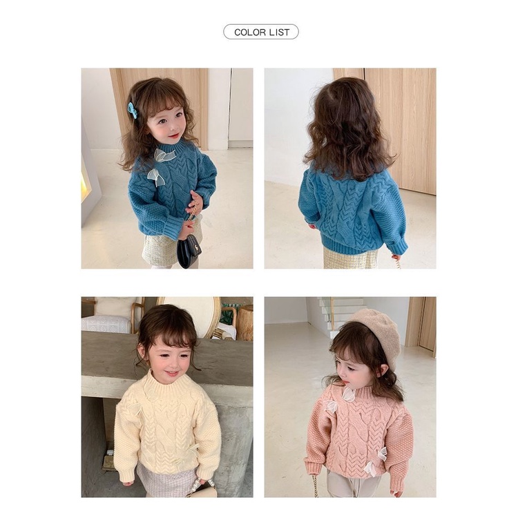 Áo sweater cổ cao phối nơ thiết kế thời trang thu đông cho bé gái tùy chọn màu sắc