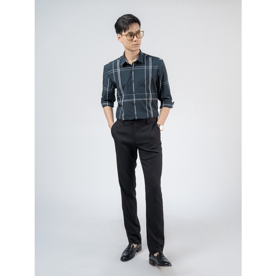 Áo sơ mi nam dài tay OWEN AS220146D somi công sở vải sợi tre cao cấp màu caro lớn xanh đậm dáng ôm tà lượn không túi