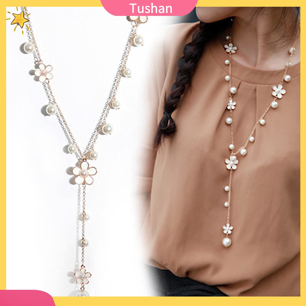 TUSH_Women's Fashion Korean Style Faux Pearl Flowers Long Necklace Chain