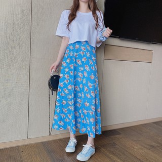 Set chân váy hoa lưng cao + áo thun cổ tròn tay ngắn trẻ trung xinh xắn