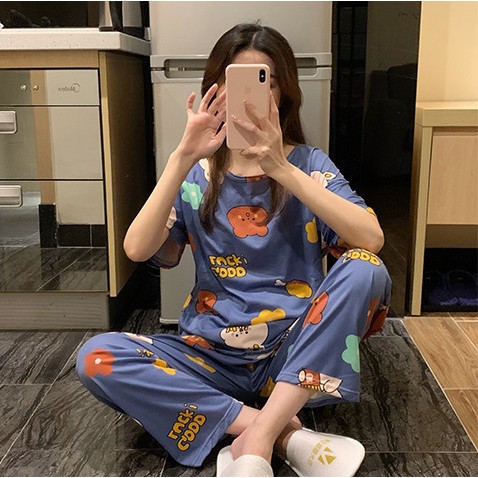Set đồ ngủ tay ngắn gấu nâu hoa xanh DN127 (có ảnh thật)