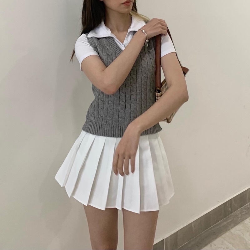 V-neck Knit Gilet - Áo gile len ghi