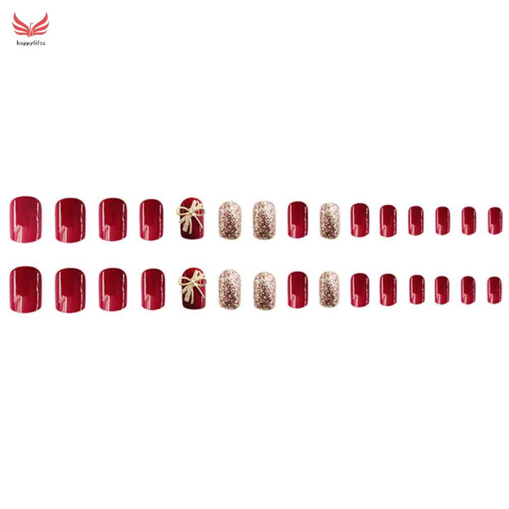 24pcs Wine red bow Flash powder wear finished nail tablet False nail removable Manicure