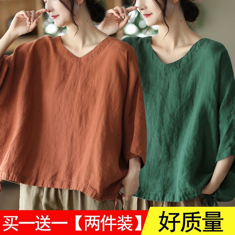 Áo Thun Cánh Dơi Bằng Cotton Lanh Thời Trang Mùa Hè 2022 Cho Nữ Size L-4xl