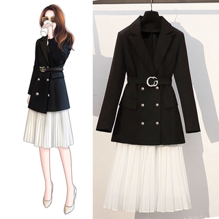 Set Áo Khoác Blazer Dài Tay + Chân Váy Xếp Li Lưng Cao Xinh Xắn Dành Cho Nữ