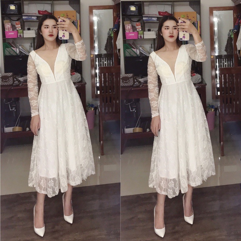 (Hàng thiết kế) Đầm maxi ren tay dài cổ V phối lưới ngực sang trọng (ảnh thật)