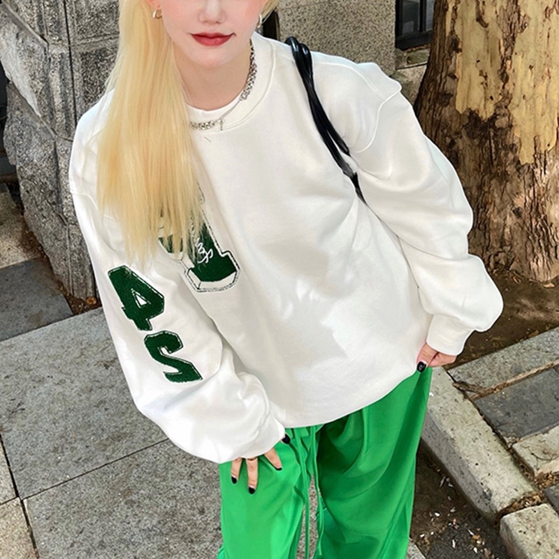 Porozi  Áo sweatshirt cổ tròn họa tiết chữ phong cách Hàn Quốc cho nữ