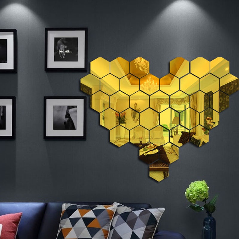 Set 12 miếng Gương dán tường 3D trang trí nhà cửa hình lục giác SIZE LỚN