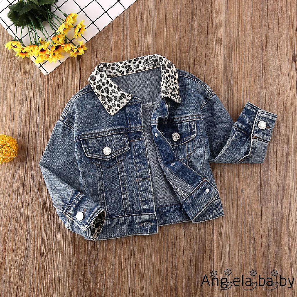 Áo khoác tay dài bằng vải denim cổ bẻ họa tiết da beo có thời trang dành cho bé gái