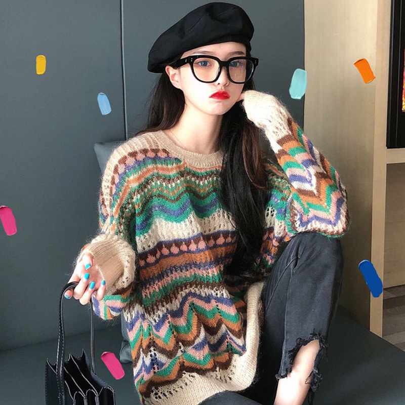 Áo Cardigan Dệt Kim Tay Dài Cổ Tròn Kẻ Sọc Caro Phong Cách Hàn Quốc Thời Trang Cho Nữ