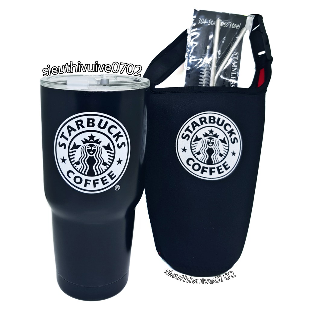 BỘ LY GIỮ NHIỆT STARBUCK ĐEN NHÁM 900ML
