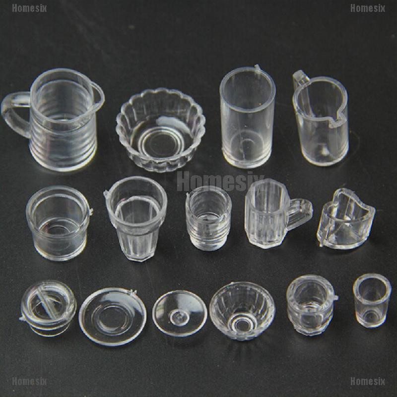 [YHOMX] 15pcs/Set Mini Transparent Drink Cups Dish Plate Tableware Miniatures TYU