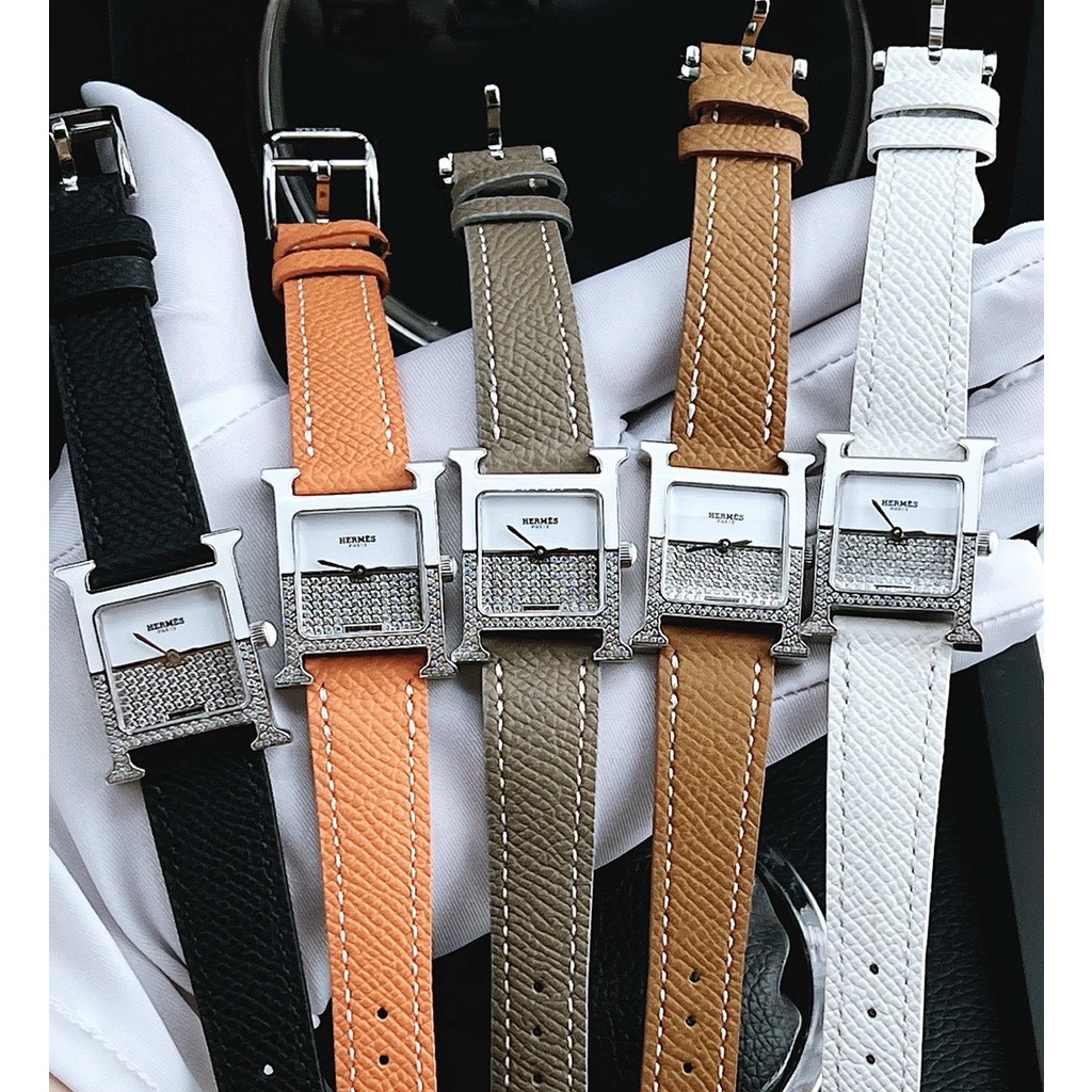 Đồng hồ nữ Hermes 22x22mm máy Swissquartz, mặt khảm trai trắng, khung thép không gỉ, dây da cao cấp