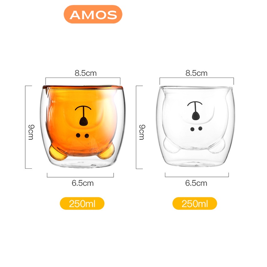 Ly thủy tinh AMOS cốc thủy tinh hình gấu cute, ly thủy tinh 2 lớp chống nóng 250ml