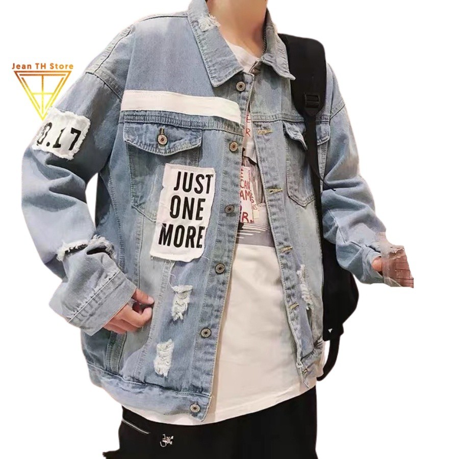 Áo khoác jean unisex nam nữ TH Store bò phối chữ Just One More cá tính chống nắng - HÀNG MỚI VỀ
