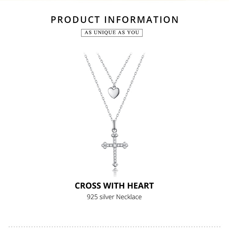 Dây chuyền Bamoer BSN197 bằng bạc 925 Bạch kim đính đá CZ mặt hình thánh giá/ trái tim thời trang