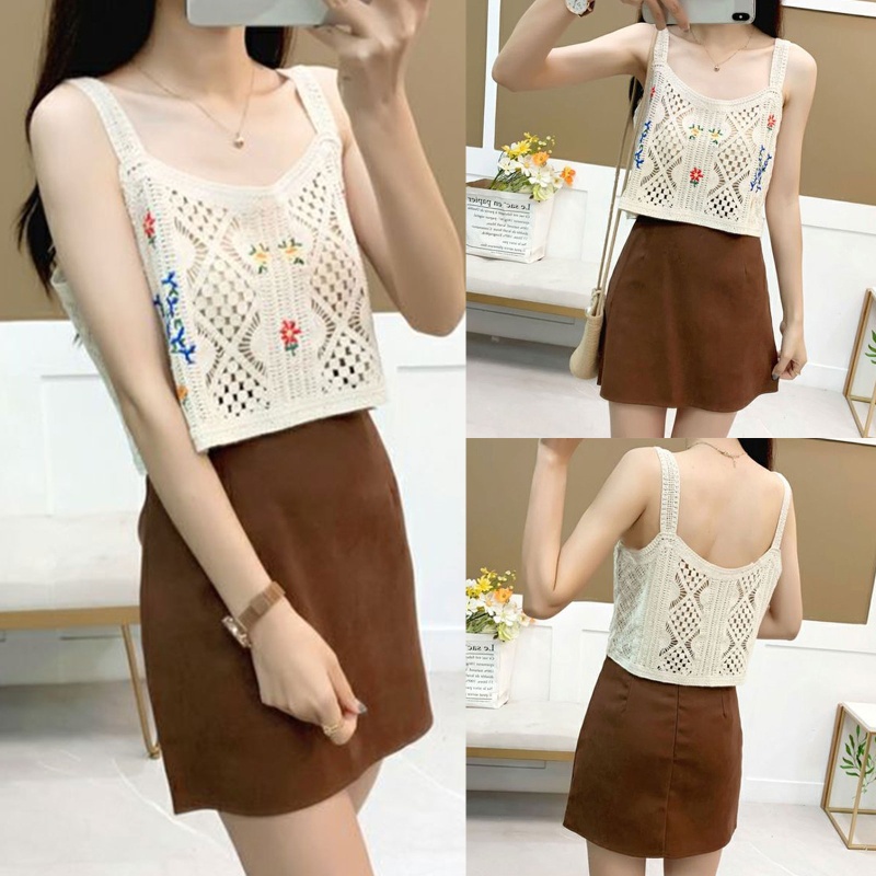 Áo Croptop Dệt Kim Sát Nách Dáng Rộng Thêu Hoa Khoét Rỗng Cho Nữ