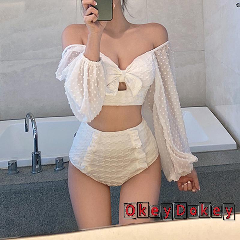 Bộ Bikini 2 Mảnh Màu Trắng Tay Dài Trễ Vai + Quần Lưng Cao Phối Bèo Cho Nữ