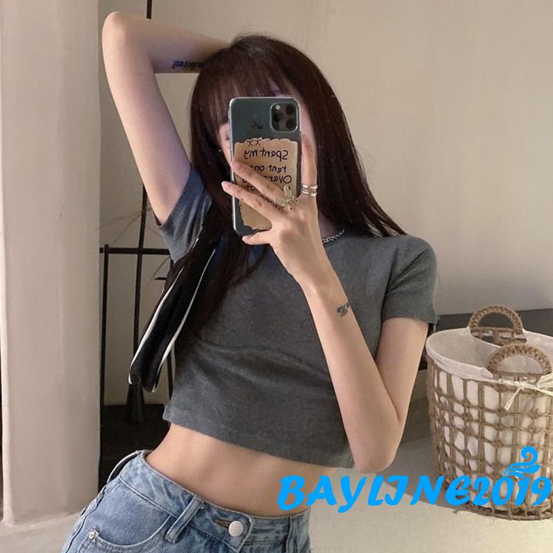 Áo Thun Ngắn Tay Cổ Tròn Màu Sắc Đơn Giản Dành Cho Nữ