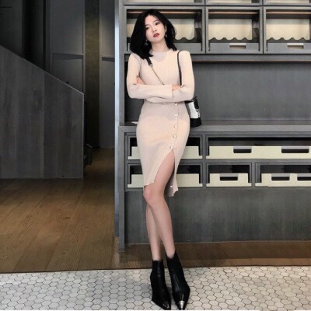VÁY LEN GÂN MÀU BE BODY CÚC XẺ