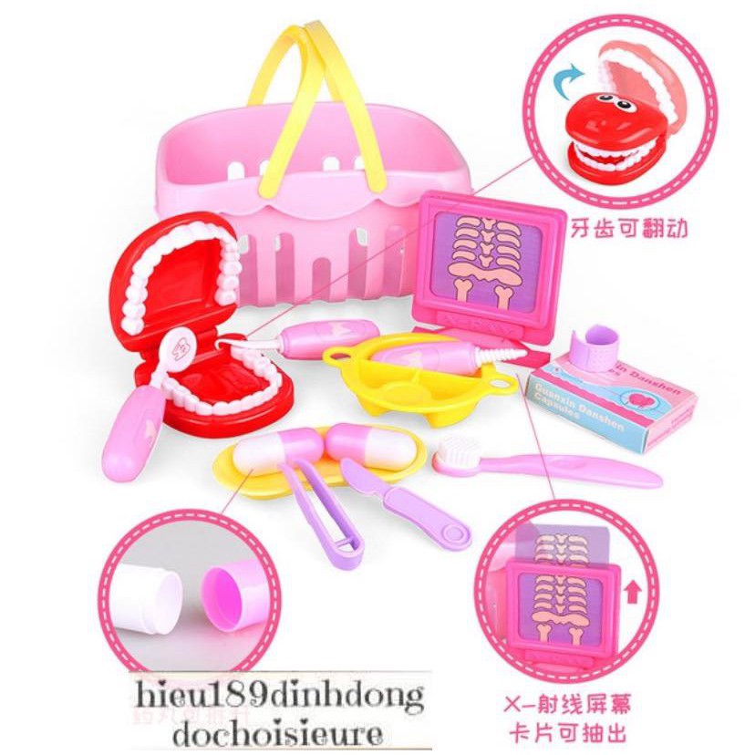 Bộ đồ chơi bác sĩ khám răng nha sĩ nha khoa (ảnh thật) (màu sắc xanh hồng tuỳ đợt hàng về )