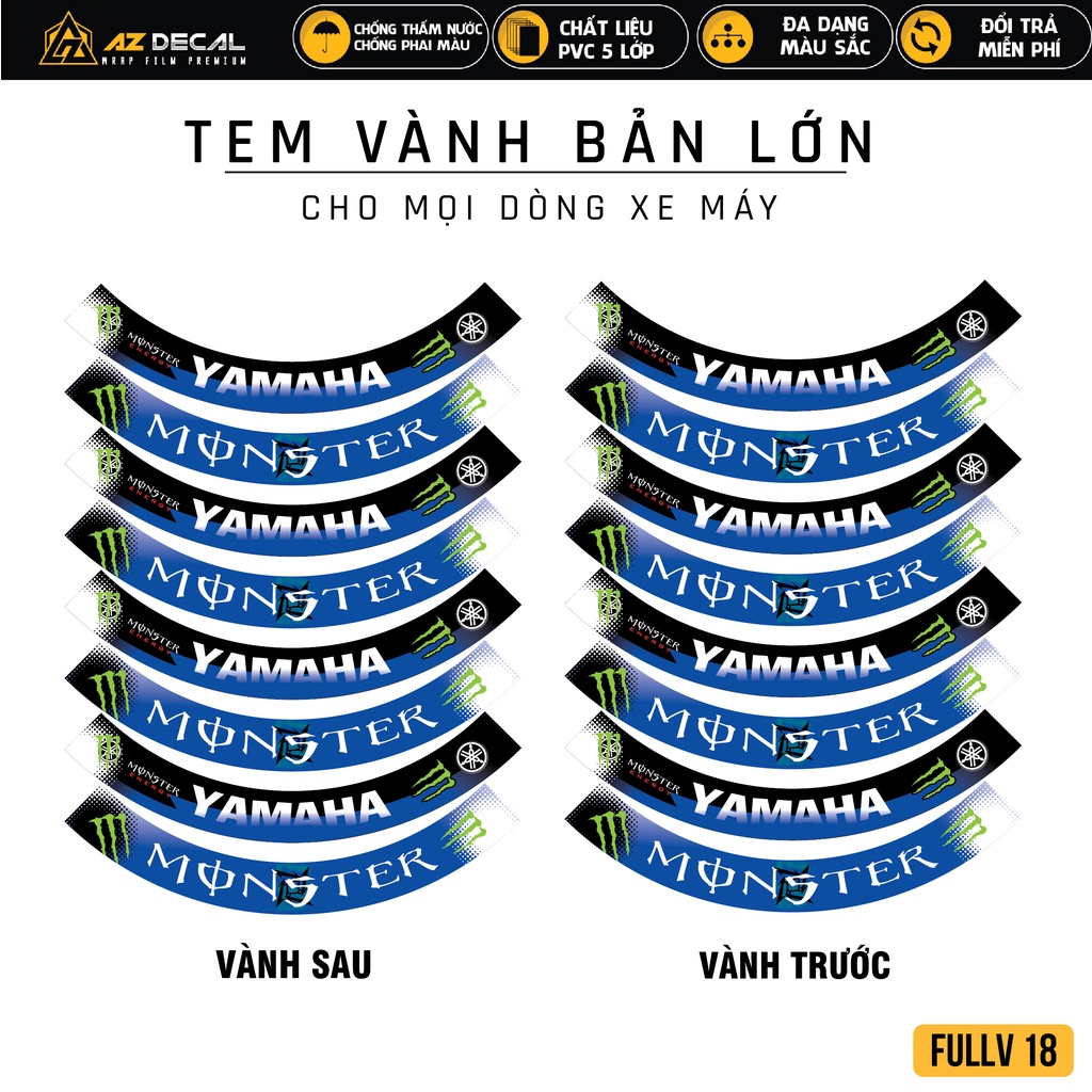 Tem Dán Vành Xe Máy Yamaha Monster | FullV18 | Decal Dán Mâm Niềng Exciter 150 155 NVX Sirius R15 V3...