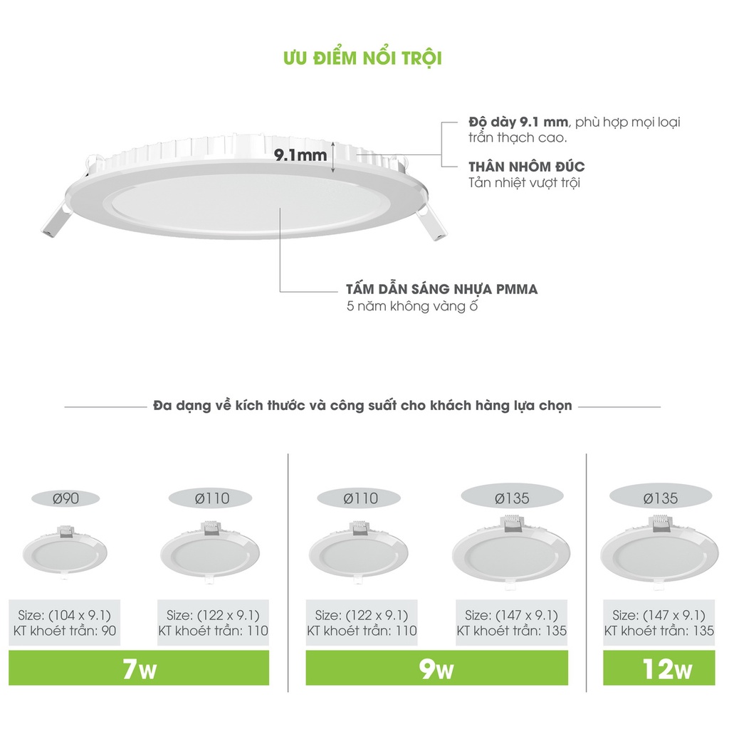 Đèn LED Panel PT04 9W/12W Siêu mỏng Rạng Đông, đường kính lỗ khoét ø135mm