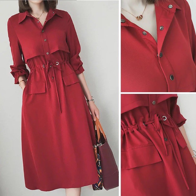 (Order) Bigsize Đầm cổ sơ mi phối cúc bấm, buộc eo, túi giả