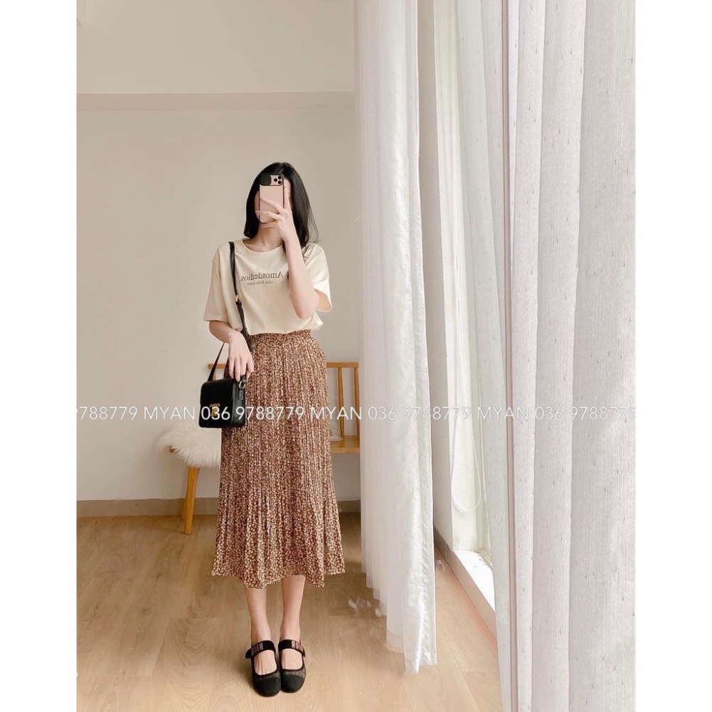 Set áo phông chữ chân váy xếp li midi dáng dài BN290 0322