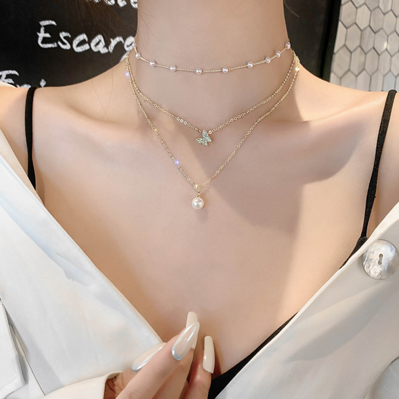 vòng cổ Nhiều Lớp Đính Ngọc Trai Phong Cách Hàn Quốc