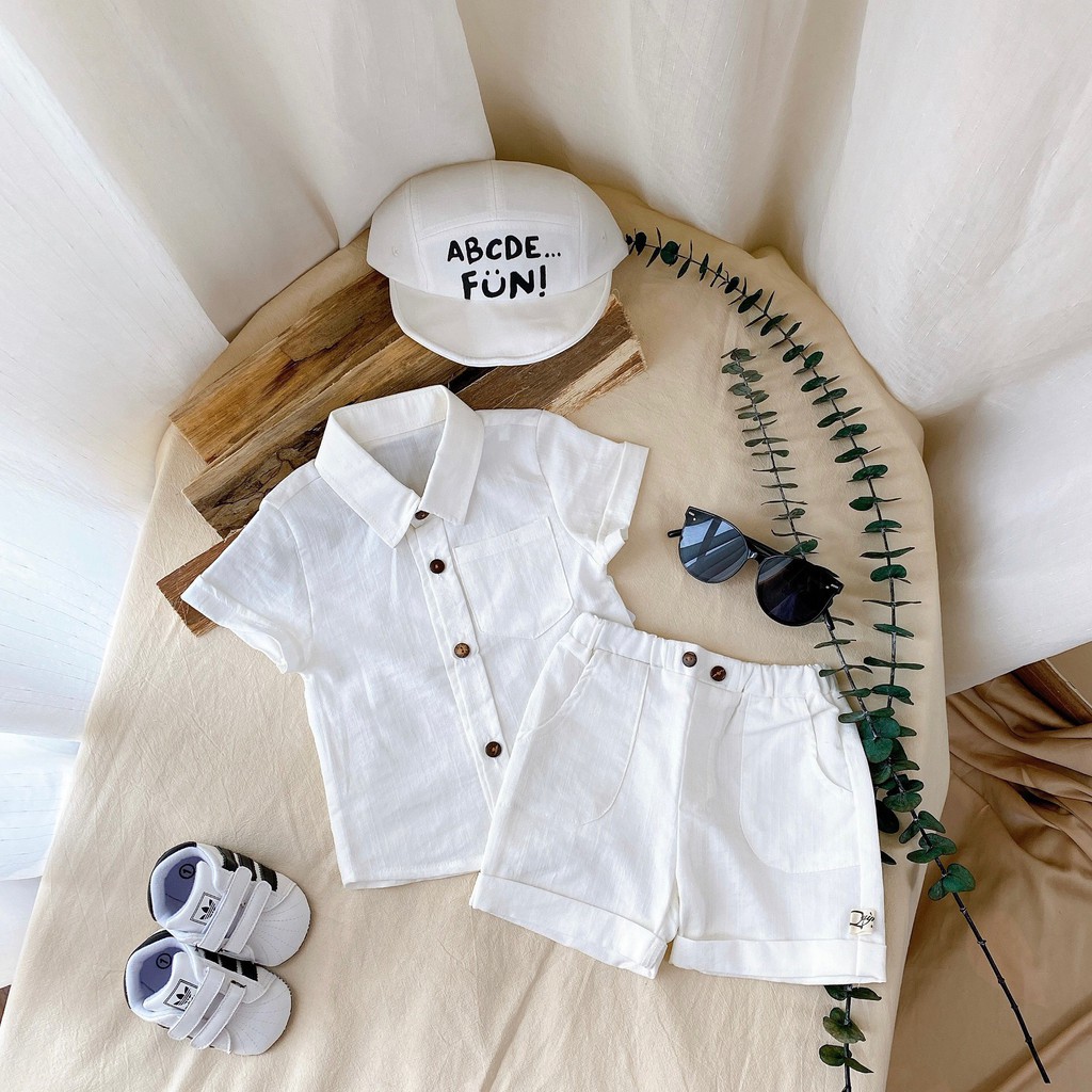 Quần áo trẻ em, đồ bộ cộc tay cho bé Quỳnh Boutique Bộ sơ mi công tử cộc trắng (5-35kg)
