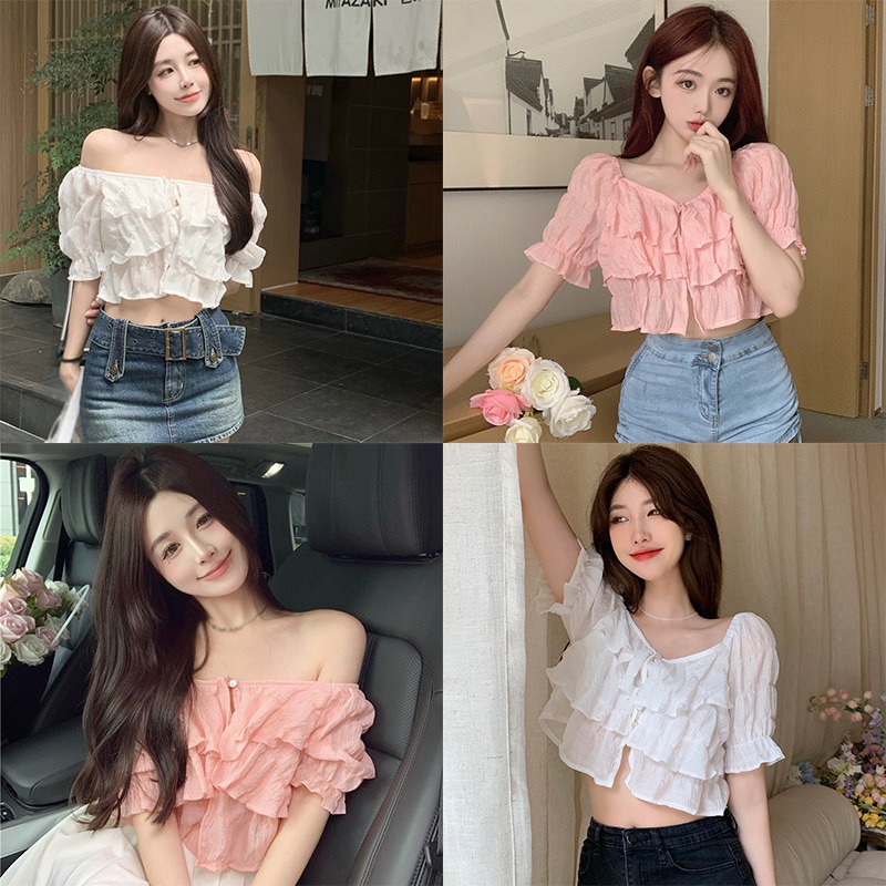 Áo Croptop Tay Ngắn Dáng Ôm Màu Trơn Cài Khuy Đơn Giản Thời Trang Hàn Quốc Cho Nữ