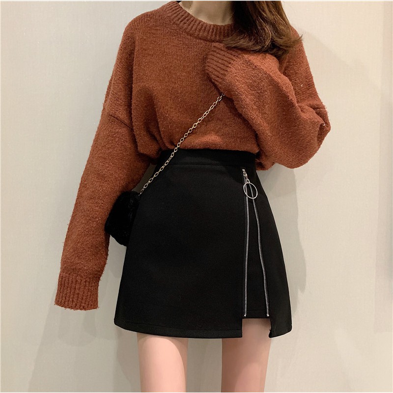 Đen Chân Váy Len Dáng Chữ A Lưng Cao Phối Khóa Kéo Cá Tính | BigBuy360 - bigbuy360.vn