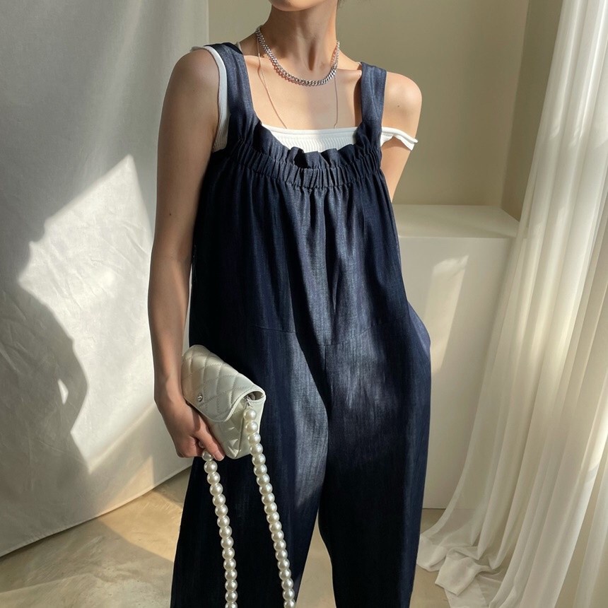 Jumpsuit Ống Rộng Phối Bèo Nhún Lưng Quyến Rũ Thời Trang Phong Cách Hàn Quốc