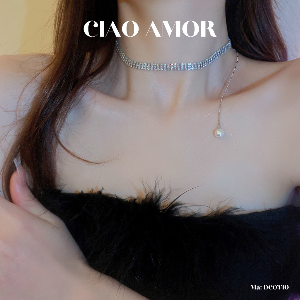 Choker nữ, Dây chuyền nữ titan đính đá lấp lánh 3 mảnh thẳng đơn giản có dây sau Trang sức Ciao Amor - DC0440