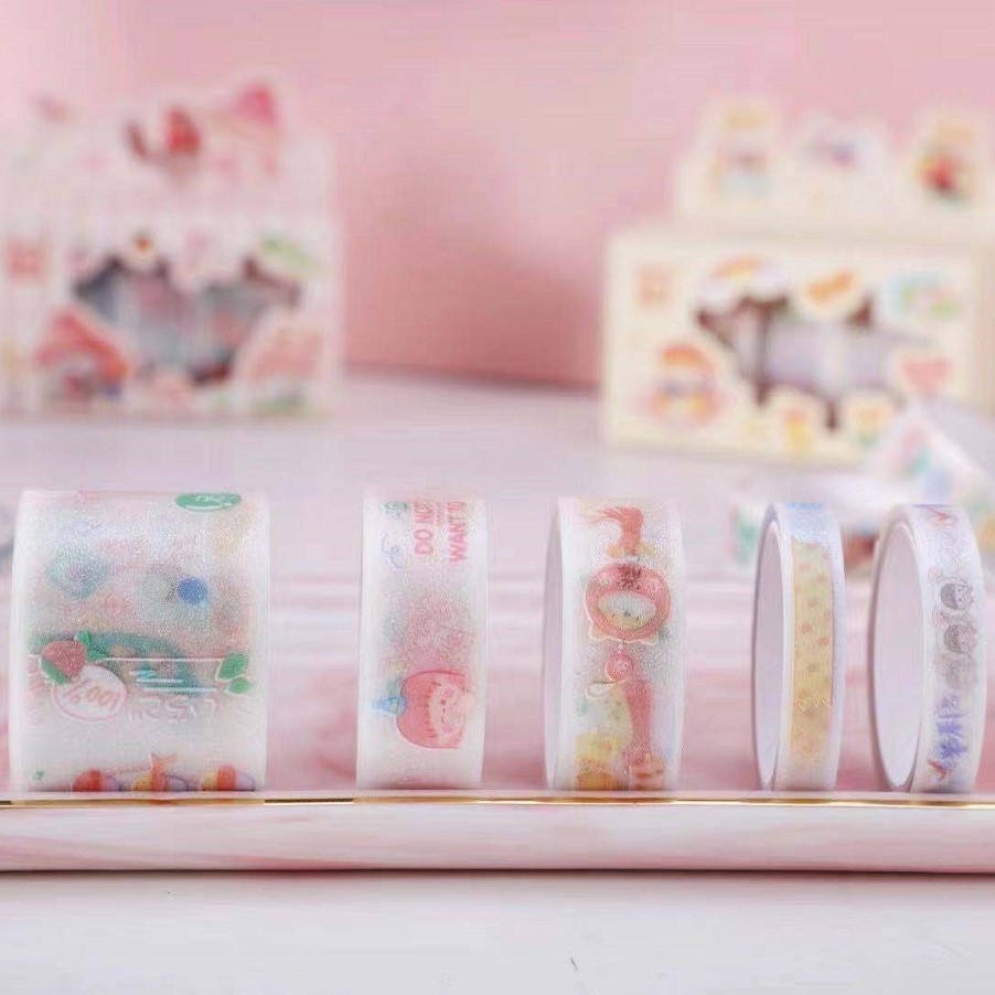 Hộp 5 cuộn băng keo washi nhiều hình hoạt hình dễ thương trang trí sổ tay nhiều chủ đề CREAMY