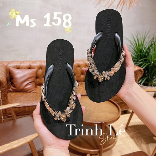 Dép kẹp, dép xỏ ngón, tông nữ đính đá Quảng Châu Qybaby 009 đen/trắng/đỏ/xanh rêu/hồng - TRINH LÊ SHOP
