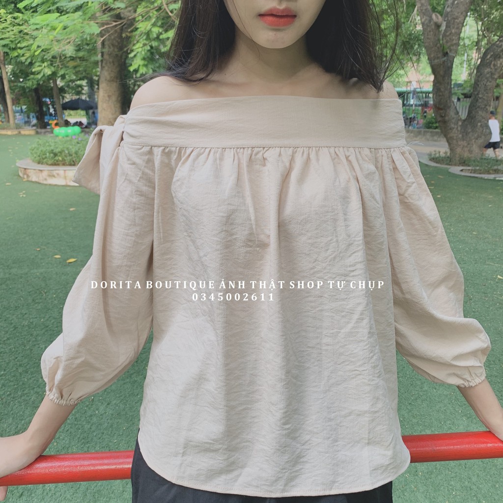 Áo thắt nơ trễ vai tay dài - Thắt nơ lệch điệu đà - Chất đũi hàn - Dorita Boutique | BigBuy360 - bigbuy360.vn