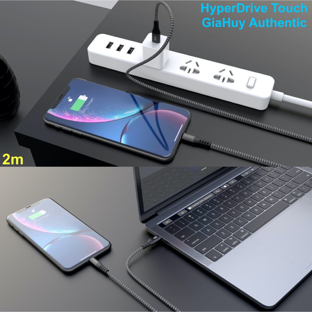 Cáp sạc nhanh iPhone 12, iPad Pro bện nylon chống đạn USB-C ra Lightning HYPERDRIVE TOUGH MFi C94 PD 30W dài 2m