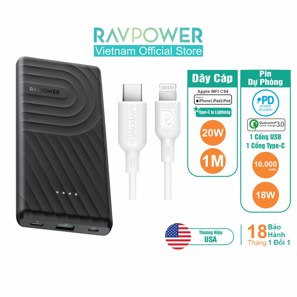 Combo Sạc Dự Phòng RAVPower 10.000mAh PD QC 3.0 18W RP-PB195 &amp; Cáp USB Type C to Lightning MFI C94 20W RP-CB054